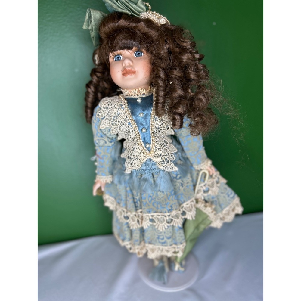 Vintage Porcelain Collector Doll Victorian Blue Lace Dress Brown Curls 16 inch
